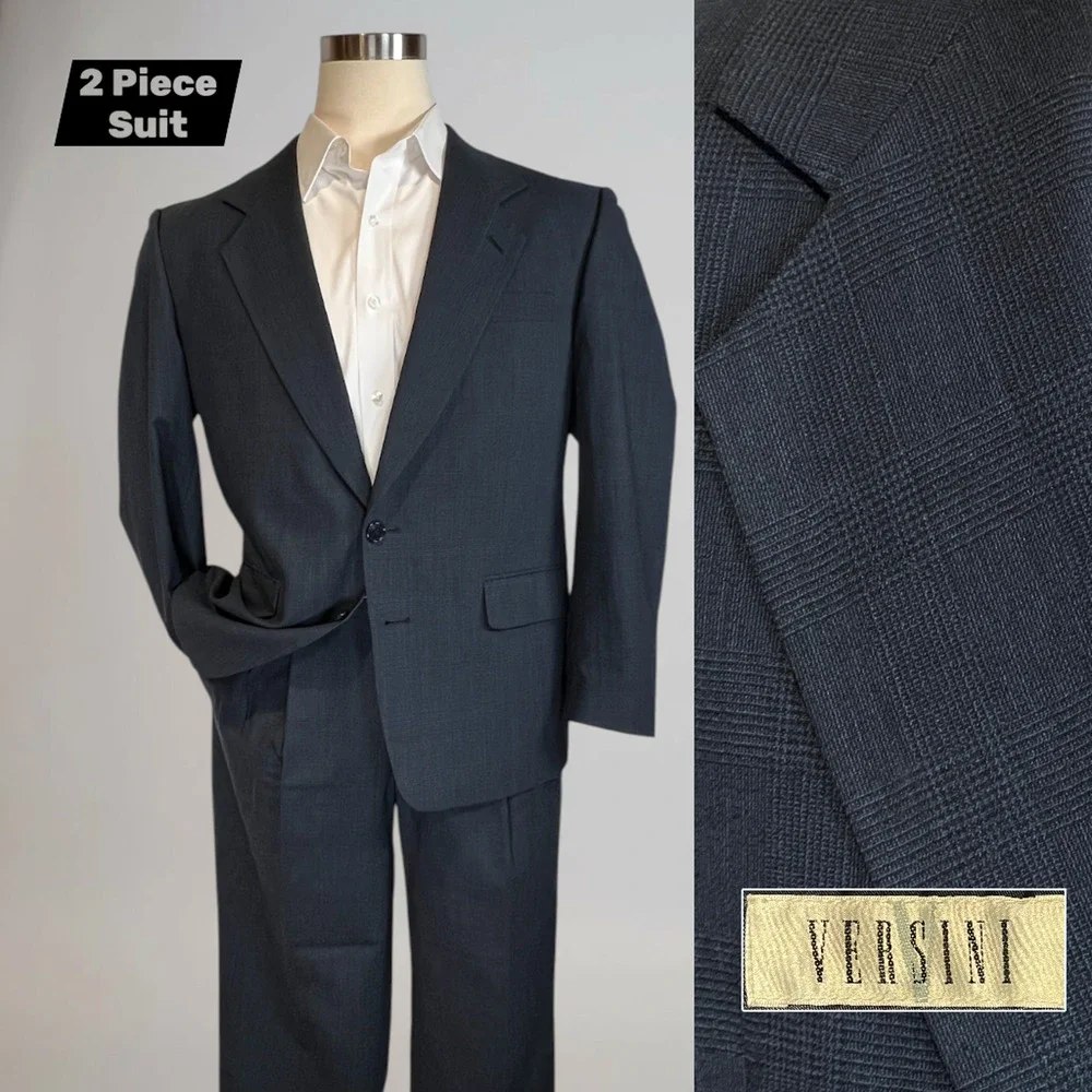 Versini Mens 40S 34x28 Midnight Navy Blue Tonal Glen Plaid Suit Twist Tech